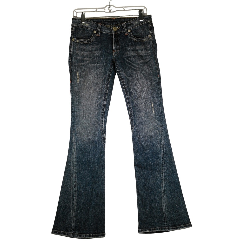 BCBGMAXAZRIA SOPHIE TWISTED FLARE JEANS BLUE WASH SIZE 4 DISTRESSED‎